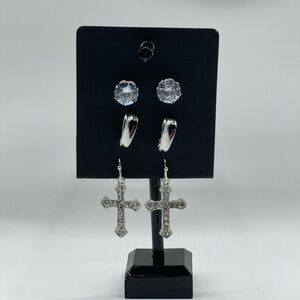 Silver Cross and Stud Earring Set